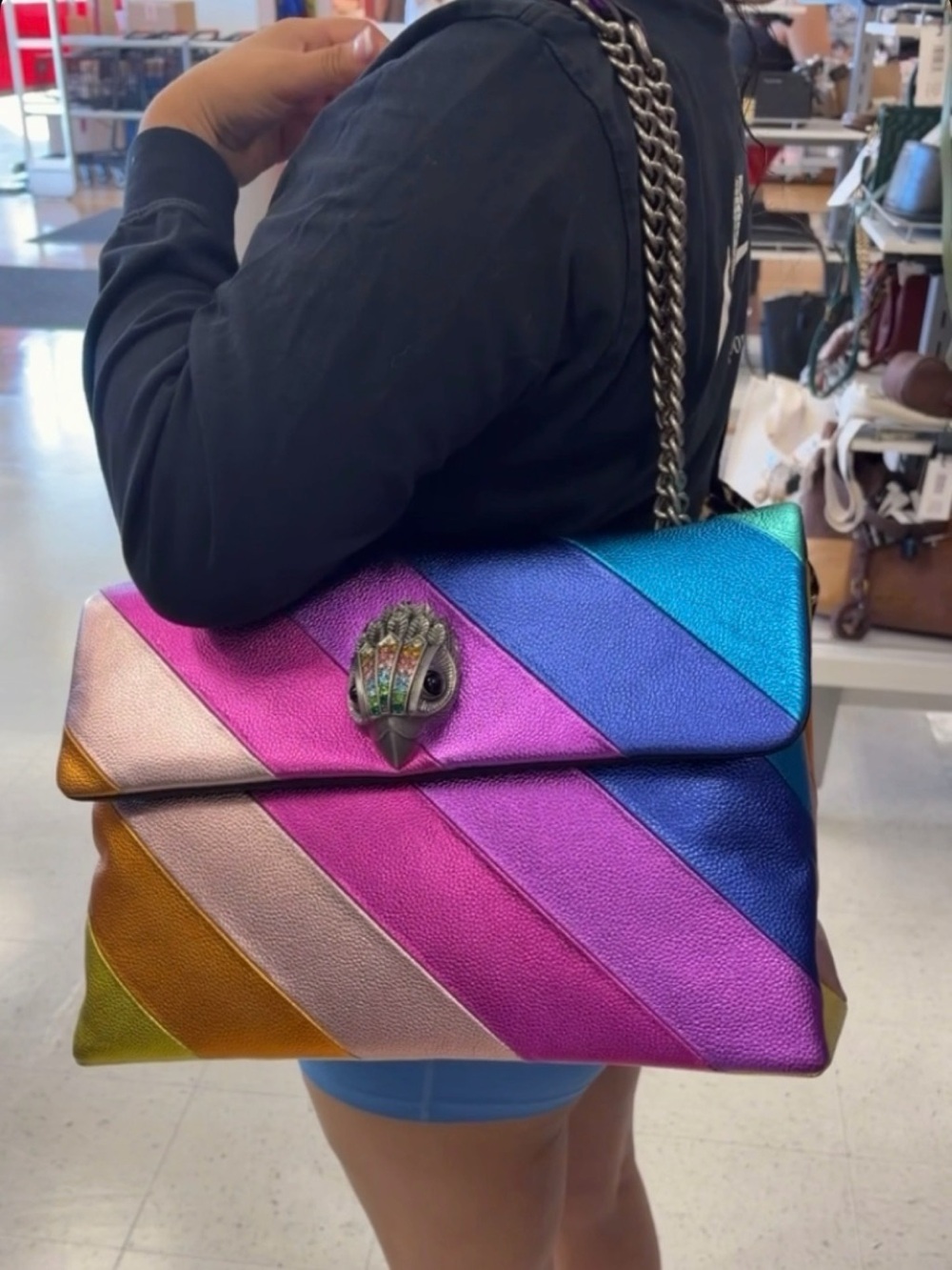 Kurt Geiger Rainbow Metallic Diagonal Stripe Shoulder Bag with Jeweled Clasp